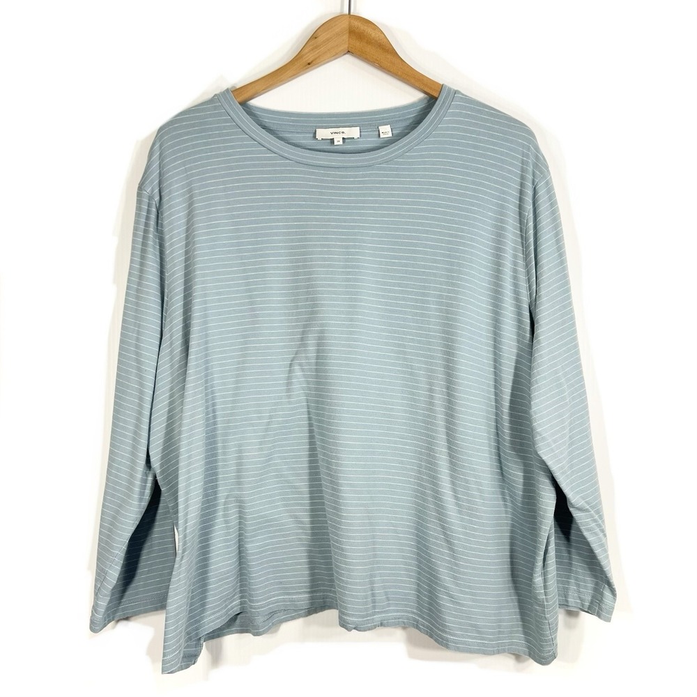 VINCE Neppy Stripe Bracelet Sleeve Crew Top Womens Size 3X Blue Cotton Linen